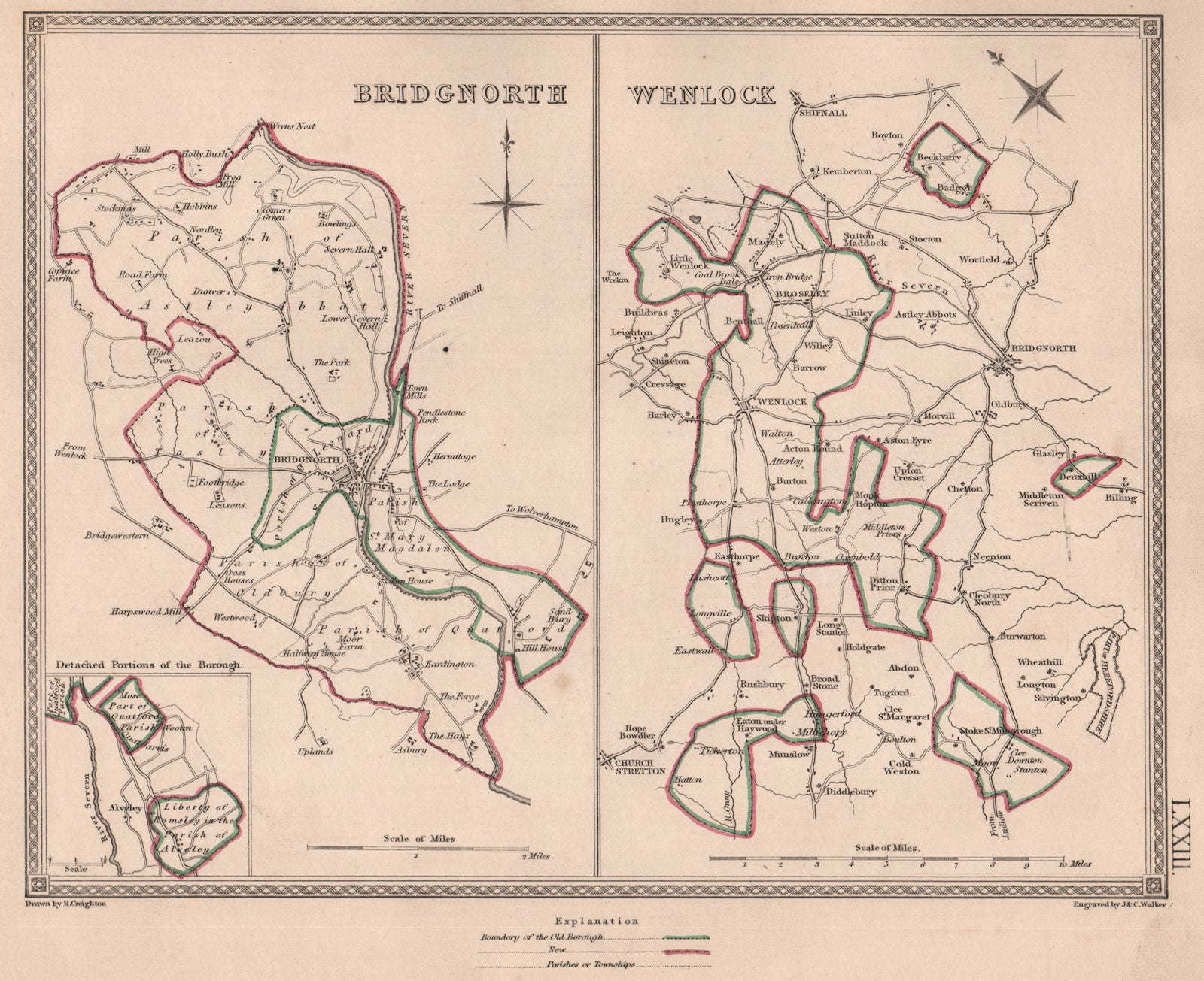 SHROPSHIRE TOWNS. Bridgnorth & Wenlock plans by CREIGHTON/WALKER 1835 old map